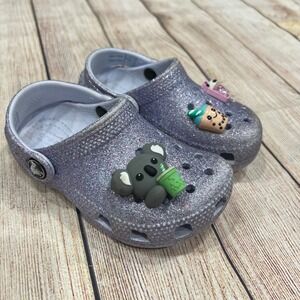 Crocs Kids Classic Purple Glitter Clogs with Koala Boba Jibbitz Size C8